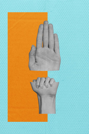 Vertical photo collage of human hand show palm stop violence restricted concept vote election no refuse isolated on painted backgroundの写真素材