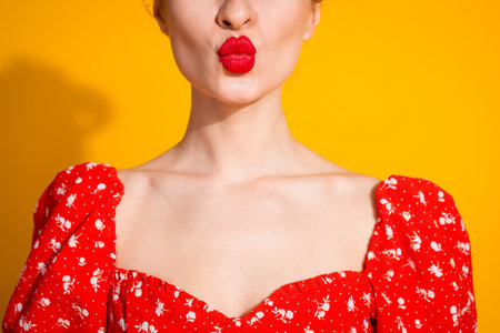 Cropped photo of pretty young girl kissing pouted lips girlfriend wear trendy red outfit isolated on yellow color backgroundの写真素材