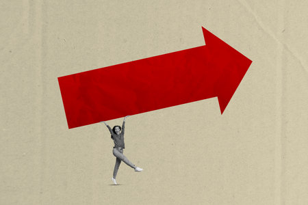 Photo collage artwork minimal picture of exited smiling lady rising red arrow isolated carton paper backgroundの写真素材
