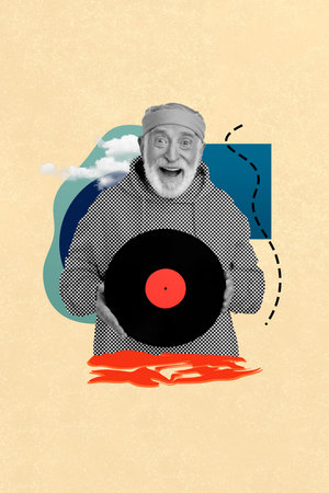 Creative retro 3d magazine collage image of funky old guy holding vinyl plate isolated beige color backgroundの写真素材