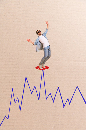 Artwork image collage poster of funny nice young man balancing isolated on drawing backgroundの写真素材