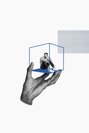 Vertical image collage young man sit trapped cage 3d hand body fragment depression apathy discrimination drawing backgroundの写真素材