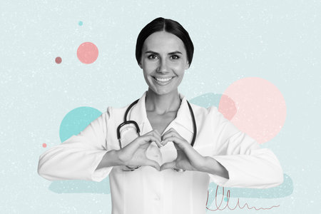 Trend artwork sketch image photo collage of virtual space young woman nurse doctor wear uniform stethoscope show gesture heart shape loveの写真素材