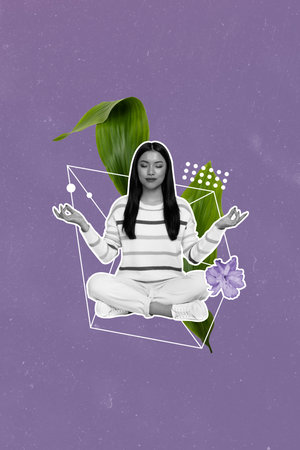 Creative abstract template collage of young female meditate levitate yoga nature spiritual journey bizarre unusual fantasy billboardの写真素材