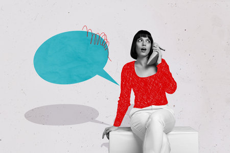 Composite trend artwork sketch image 3D photo collage of textbox speech cloud chatting bulb young woman hand hold high heel call talkの写真素材