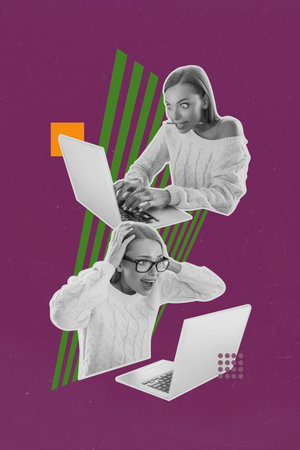 Photo collage artwork minimal picture of impressed ladies online shopping modern devices isolated creative backgroundの写真素材