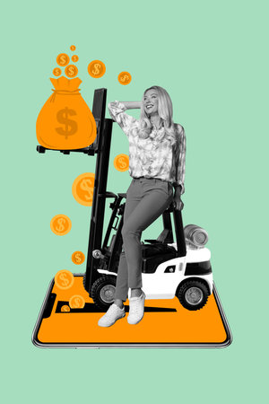 Composite collage image of young female rich lifting money crane successful trader fantasy billboard...