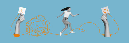 Composite collage image panorama of funny female running hurry mental state health psychotherapy...