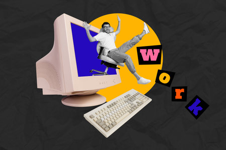 Creative drawing collage picture of funny young man ride armchair computer office work have fun...