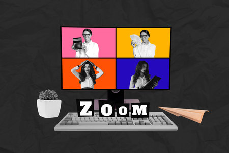 Composite collage image of working process online meeting zoom video call managers girls fantasy billboard comics zine minimalの写真素材
