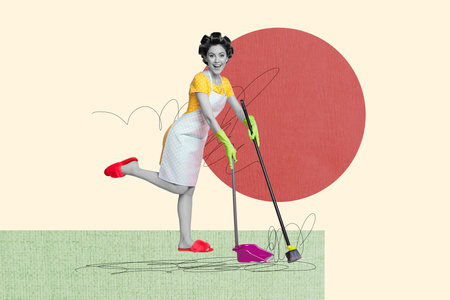 Creative collage picture young cheerful housewife maid worker household sweep floor broom tool chores apartment home dutyの写真素材