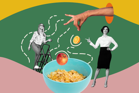 Creative collage young businesswoman lady hand body fragment meal nutrition cereals lunch snack apple fruit taste showing gesture fingerの写真素材