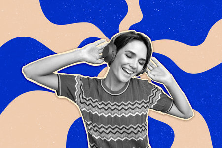 Creative collage picture young cheerful girl listen music headphones meloman playlist album...