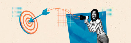 Composite trend artwork image collage of copyspace monochrome young woman leader hand hold megaphone arrow achieve target goal win successの写真素材