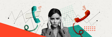 Composite trend artwork sketch image collage of copyspace monochrome young lady headache burnout landline phone call service help customerの写真素材