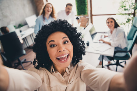 Photo of take selfie photo excited teamwork young people working together employees modern...