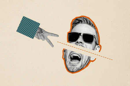 Composite collage picture image of young man fingers cutting scissors head half bizarre unusual fantasy billboard comicsの写真素材