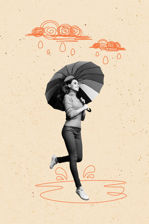 Composite trend artwork sketch image photo collage of monochrome young woman walk hand hold umbrella drawn bad weather rainy water dropsの写真素材