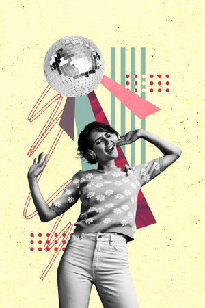 Trend artwork sketch image photo collage of young lady carefree dance party relax celebration woman...