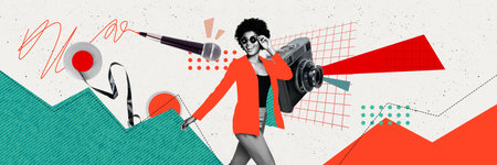 Composite trend artwork image collage of horizontal panorama young attractive lady walk model posing...