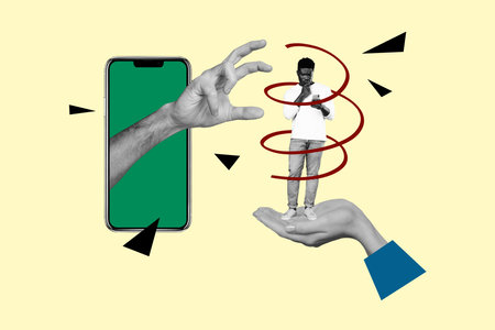 Collage picture young man smartphone addiction hand body fragments catch take force touchscreen thoughtful minded questioned unsureの写真素材
