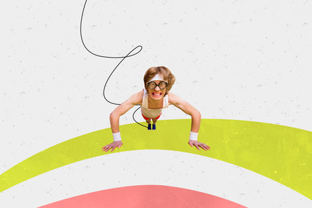 Composite photo collage of nerd guy do push ups exercise stand plank fitness pump biceps sporty...