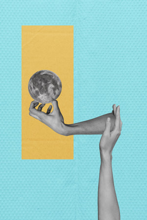 Vertical photo collage of human hands hold full moonlight planet witchcraft mystical halloween...