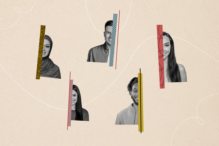 Creative collage of young happy people teamwork half face successful startup work together diversity template metaphor psychedelic pinupの写真素材