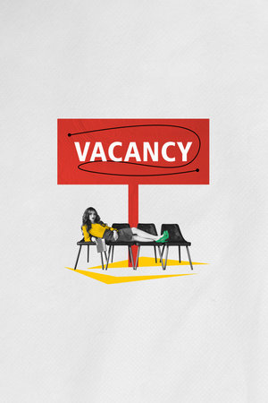 Vertical photo collage of serious girl lay office stool vacancy nameplate hiring candidate search resume isolated on painted backgroundの写真素材