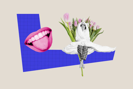 Creative collage picture woman face fragment tongue teeth march holiday valentine day covered blanket tulips bouquet drawing backgroundの写真素材