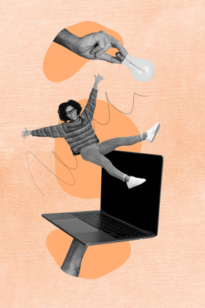 Creative trend collage of funny female netbook hands hold electric bulb bizarre unusual fantasy billboardの写真素材