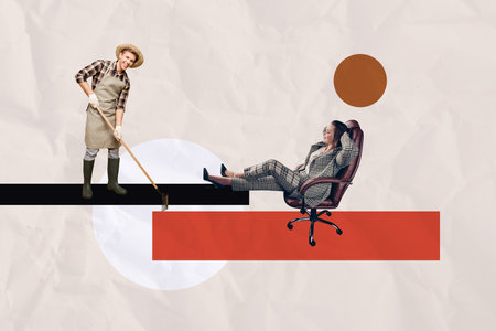 Creative collage picture young buisnesswoman lying office armchair boss man agriculture worker rake harvest cultivationの写真素材