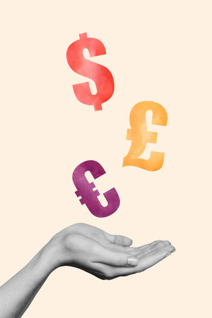 Vertical collage picture money currency earnings profit income euro dollar pounds savings deposit rich wealthy trader investorの写真素材