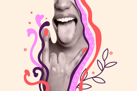 Creative collage picture young woman face fragment tongue rock roll horns gesture hand fan music meloman leisure entertainmentの写真素材