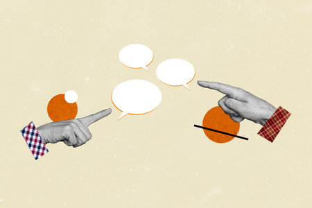 Creative picture human hands fingers showing point textboxes communication forum discuss speech phrase citation body fragmentの写真素材