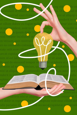 Creative abstract template graphics collage image of arms holding book rising lamp bulb isolated...