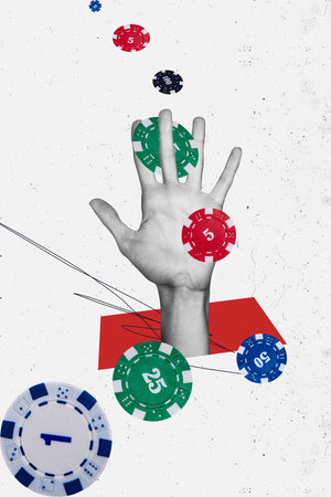 Vertical collage picture human arm palm casino gambling chips fortune luck win prize jackpot body...