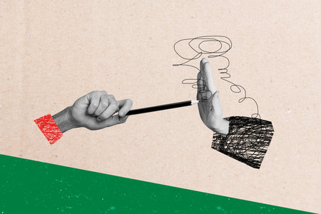 Creative collage picture human hand stop gesture sign show pencil drawing doodles deny refusal block...