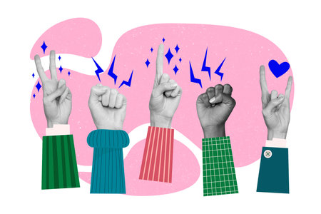 Composite photo collage of people hands show different gesture peace rock heart fist hello strike love index isolated on painted backgroundの写真素材