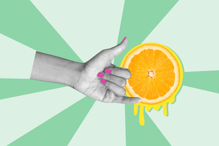 Composite photo collage of hand show shaka gesture tropical drink orange juice exotic refreshment isolated on painted backgroundの写真素材