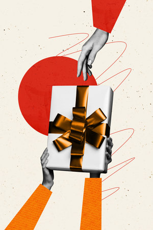 Composite trend artwork sketch image collage of copyspace monochrome two human hands bodyless appear show gift present box happy birthdayの写真素材