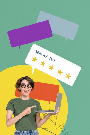 Vertical photo collage of happy girl support service manager show five stars best rate service 24 7 helpline isolated on painted backgroundの写真素材