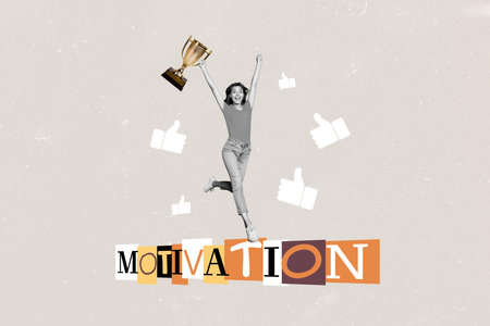 Composite photo collage of happy girl jump win golden goblet cup motivation reward stimulus thumb up like isolated on painted backgroundの写真素材