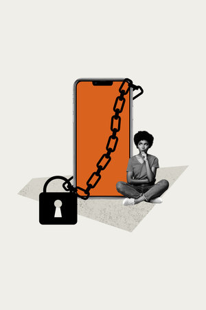 Vertical image collage young thoughtful girl sit think smartphone screen device padlock chain cyber...