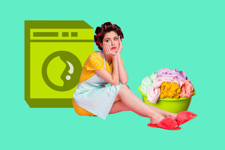 Creative trend collage of sad housewife tired laundry housekeeping unhappy broken washing machine freak bizarre unusual fantasyの写真素材