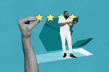 Creative collage young man customer support service quality laptop digital device internet hand body fragment user drawing backgroundの写真素材