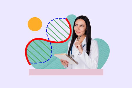 Composite photo collage of minded girl doctor geneticist hold notepad pen write recipe healthcare...