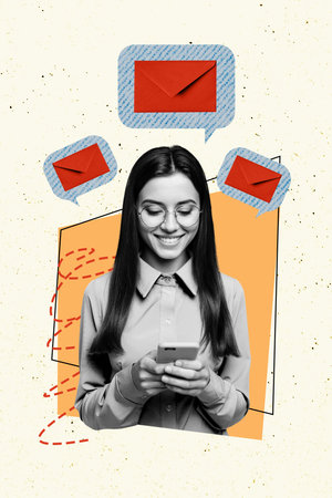 Composite trend sketch image photo collage of copyspace young lady portrait smile hand hold smartphone speech cloud chatting envelopeの写真素材