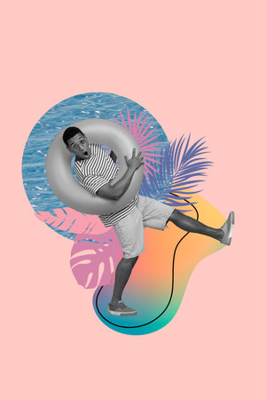 Creative trend collage of young man enjoy summer vacation beach inflatable ring sea unusual fantasy billboard comicsの写真素材