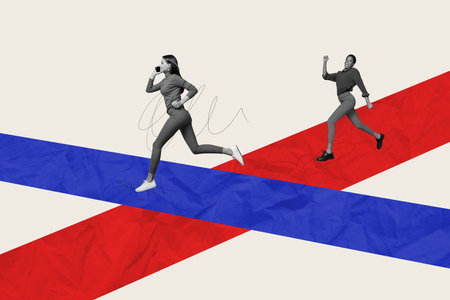 Creative trend collage of funny girls colleagues work together teamwork opponent race success unusual fantasy billboard comicsの写真素材